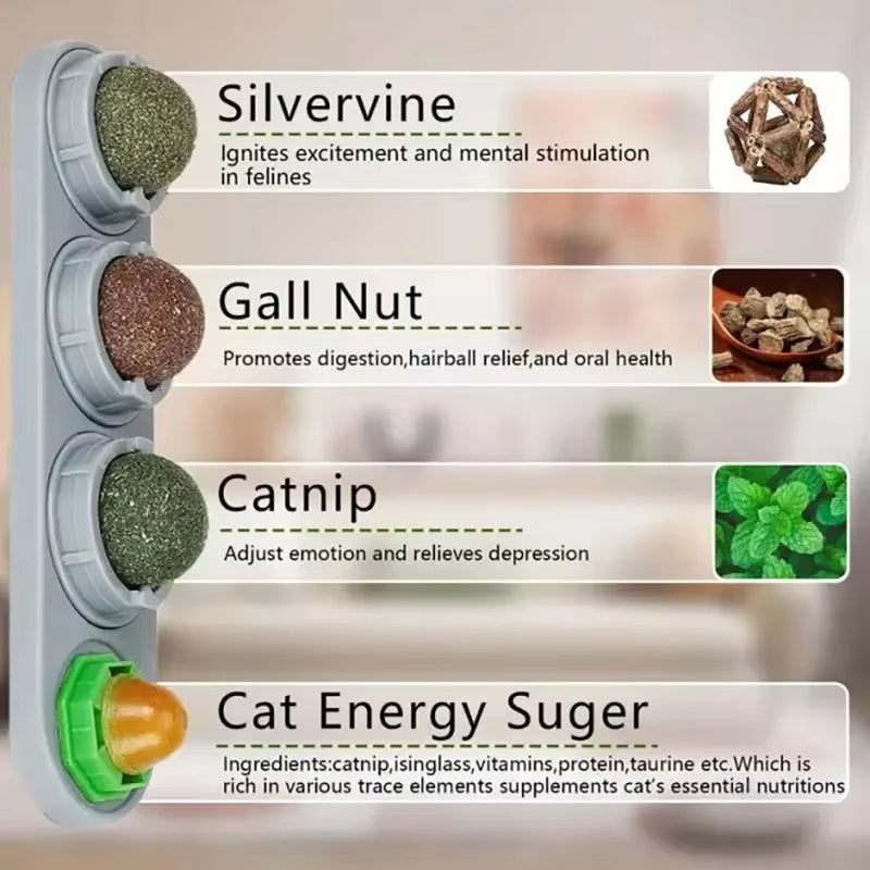4 in 1 Rotating Catnip Silver Vine Ball Teeth Cleaning Acne Prevention Digestive Health Wall Stick on Toy Edible Safe Material