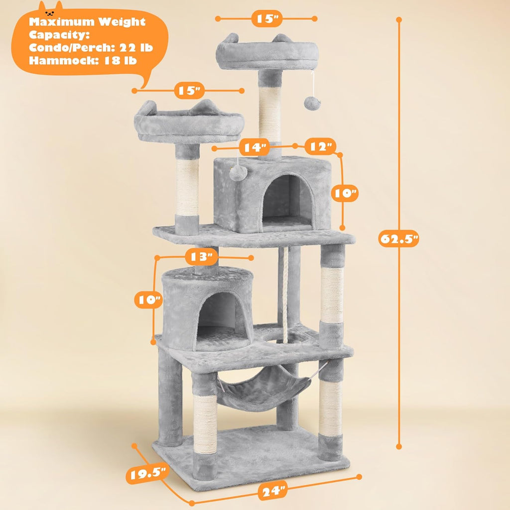 62.5Inches Cat Tree Cat Tower Cat Condo with Platform & Hammock, Scratching Posts for Kittens Pet Play House with Plush Perch for Indoor Activity Relaxing, Light Gray